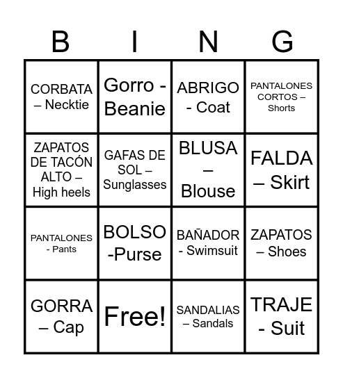 La ropa Bingo Card