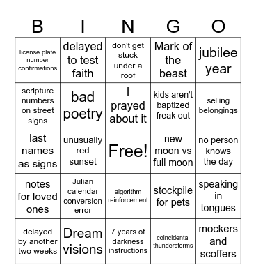 Rapture Bingo Card