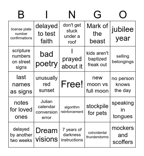 Rapture Bingo Card