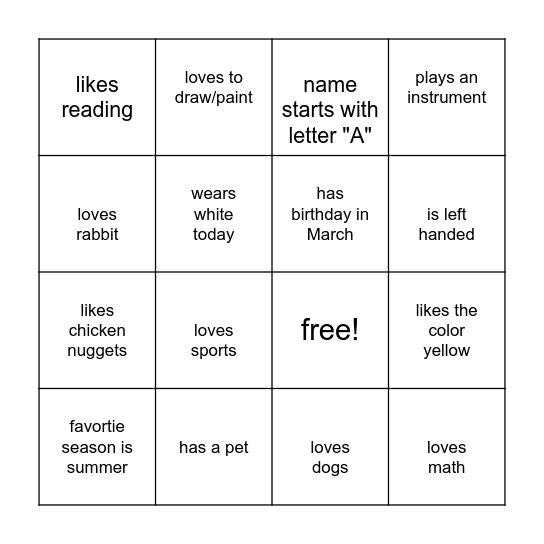 Find A Friend!! Bingo Card