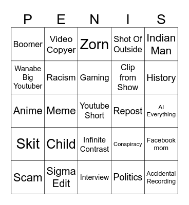 Youtube 0 View SLOP Bingo Card