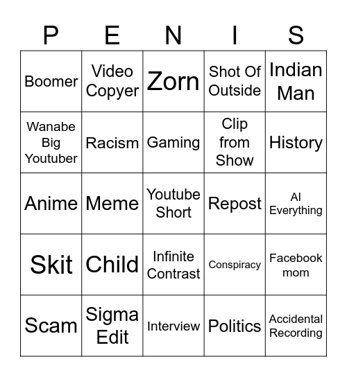 Youtube 0 View SLOP Bingo Card