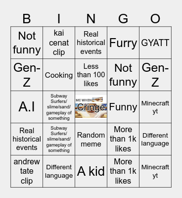 Youtube Shorts bingo Card