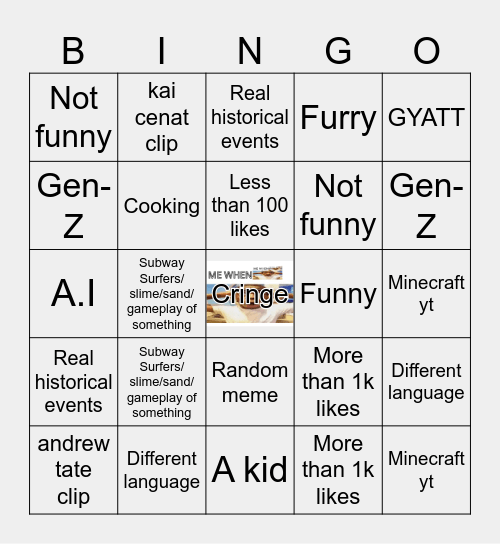 Youtube Shorts bingo Card