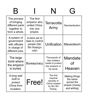 Vocab: Emperor Qin Shi Huang and the Terracotta Army Bingo Card