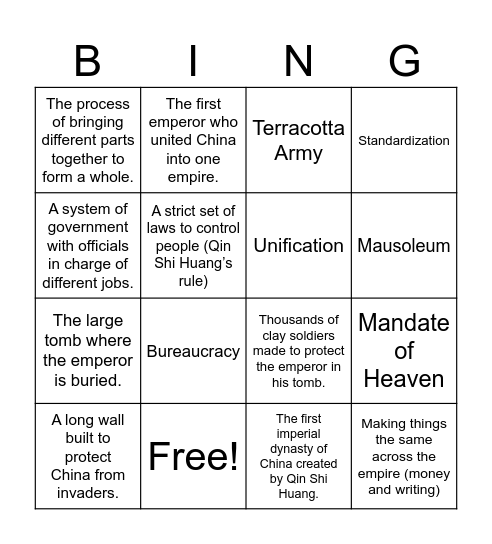 Vocab: Emperor Qin Shi Huang and the Terracotta Army Bingo Card