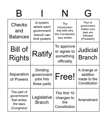 US Constitution Vocab Bingo Card