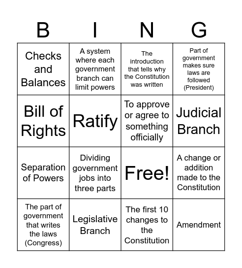 US Constitution Vocab Bingo Card