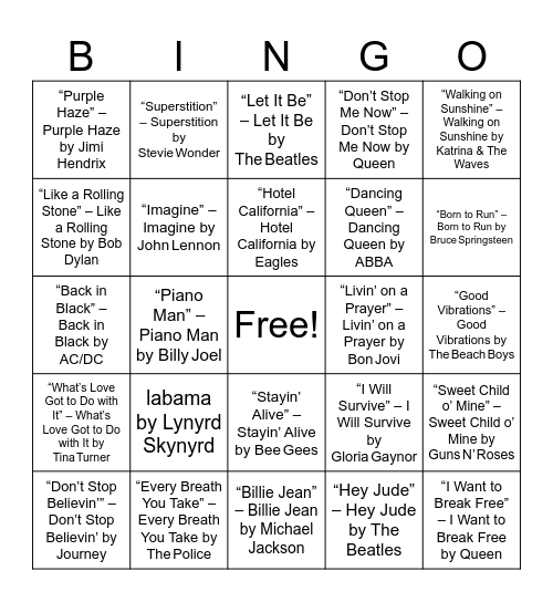 Round 1: “Golden Hits through the Decades” Bingo Card