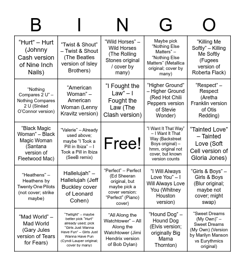 Round 3: “Covers, Remixes & Mash-Ups” Bingo Card