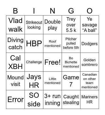 AlCS Game 6 Bingo Card