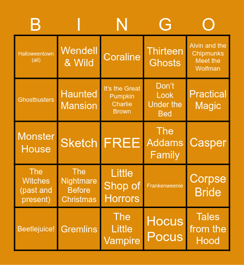Halloween Movies Bingo Card