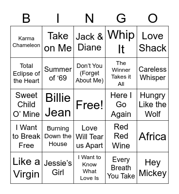 80's Hits Bingo Card