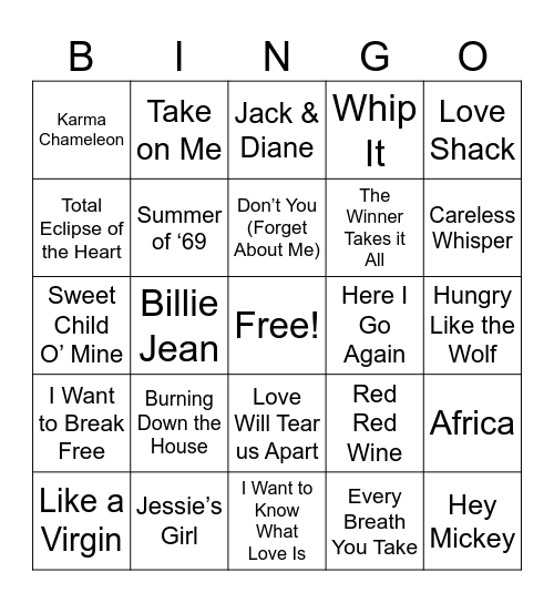 80's Hits Bingo Card
