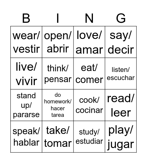 Common Verbs - A1 ESL Bingo Card