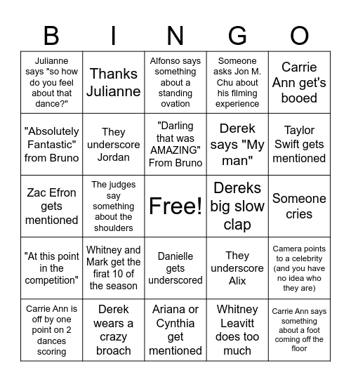 Dancing with the Stars Bingo Card