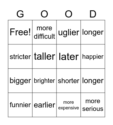 Comparative Bingo Card