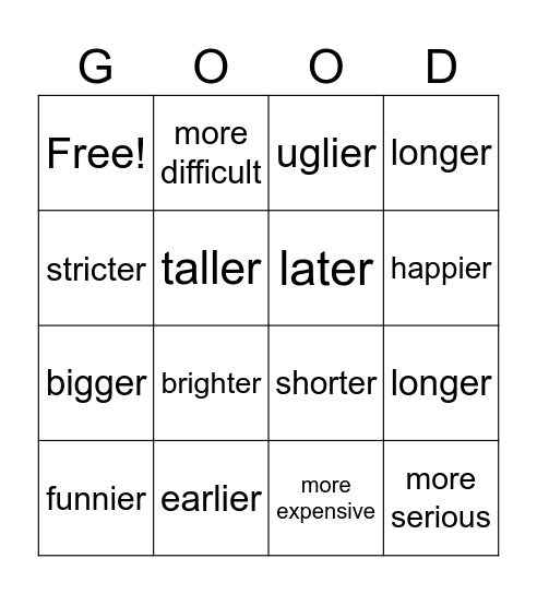 Comparative Bingo Card