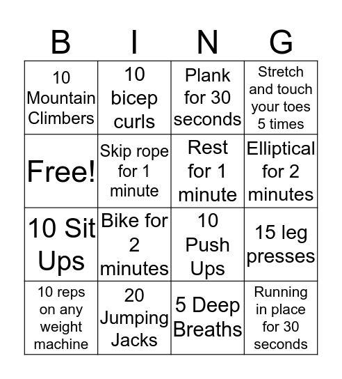 Fitness Room Bingo! Bingo Card