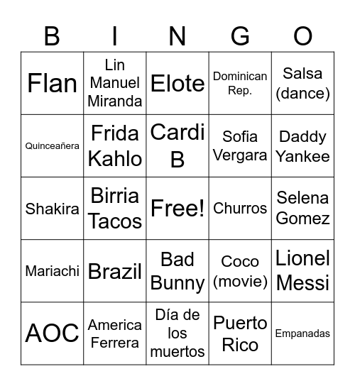 LatinX/Latiné Culture Club Bingo Card