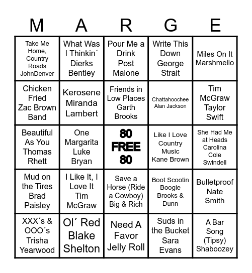 Country Music Bingo Card