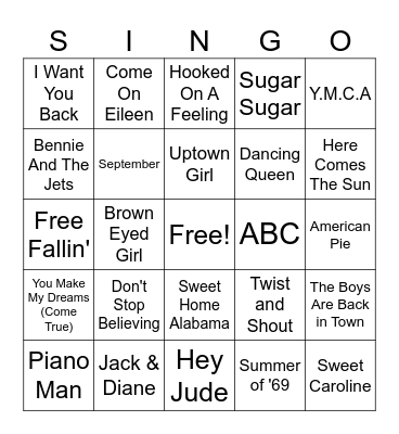 Oldies Singo Bingo Card