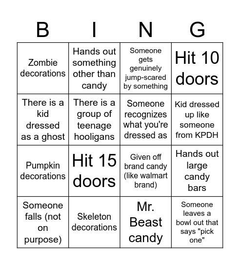 Halloween trick or treat bingo Card