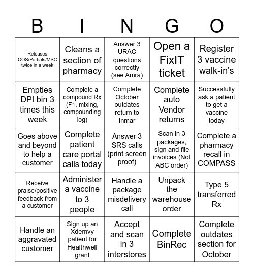 PHARMACY BINGO Card