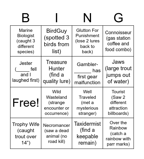 Trout Trip Fall 2025 Bingo Card