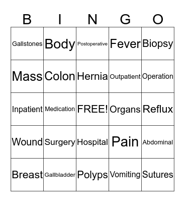 May Maynia:  General Surgery Bingo Card