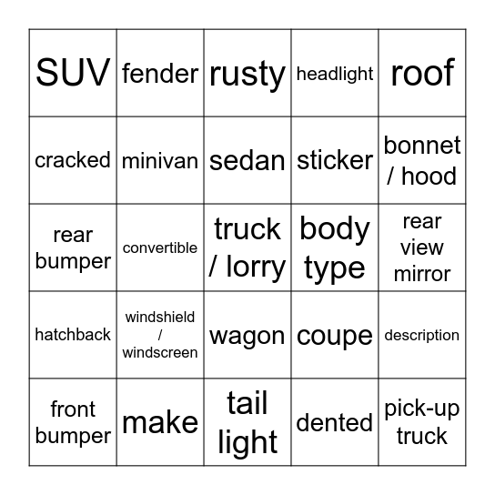 Vehicle description Bingo Card