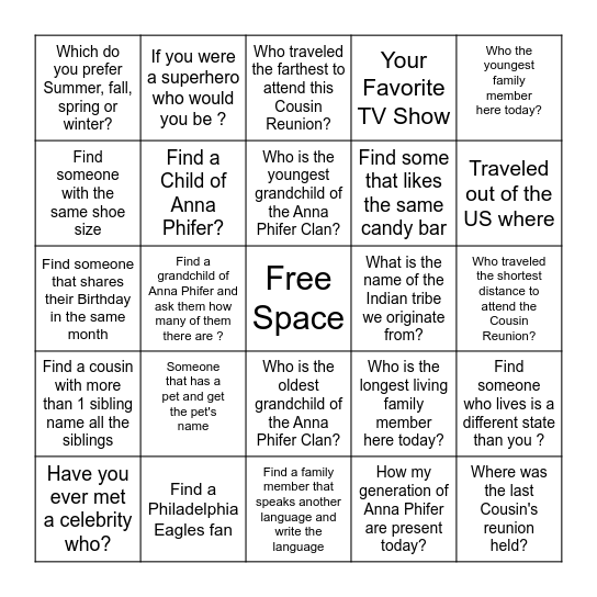Getting know A Phifer Bingo Card