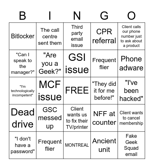 Geek Squad Bingo Card