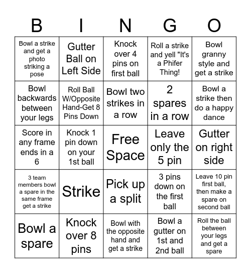 Bowling- the first lane to cover all wins, or the most covered by the end of Bowling Bingo Card
