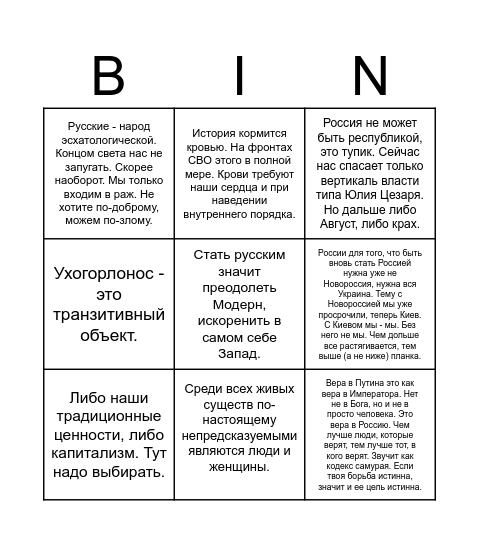 дугин бинго Bingo Card