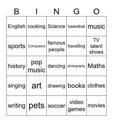 Interests Bingo Card