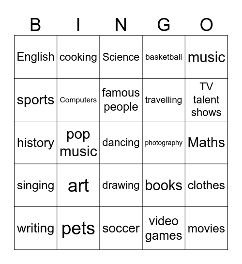 Interests Bingo Card