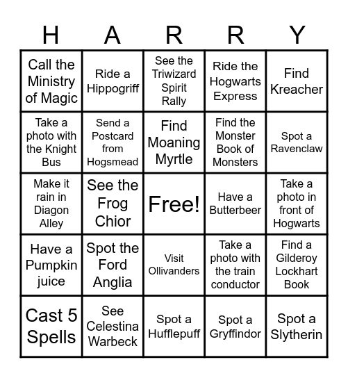 Universal Harry Potter Bingo Card