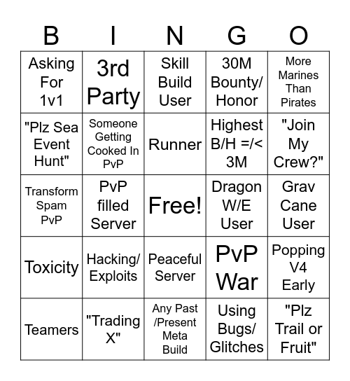 Blox Fruits Bingo Card