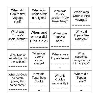 Cook and Tupaia - questions Bingo Card