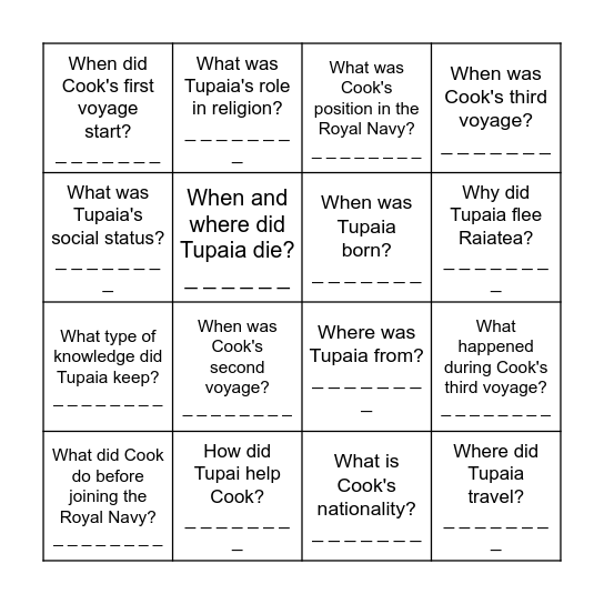 Cook and Tupaia - questions Bingo Card