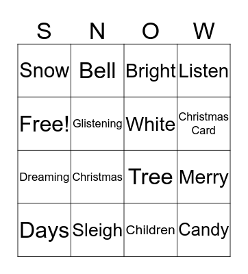 Christmas ASL "SNOW" BINGO Card