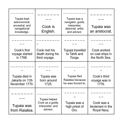 Cook and Tupaia - answers Bingo Card