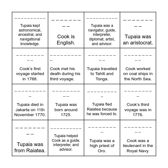 Cook and Tupaia - answers Bingo Card