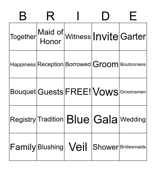 Bridal Bingo Card
