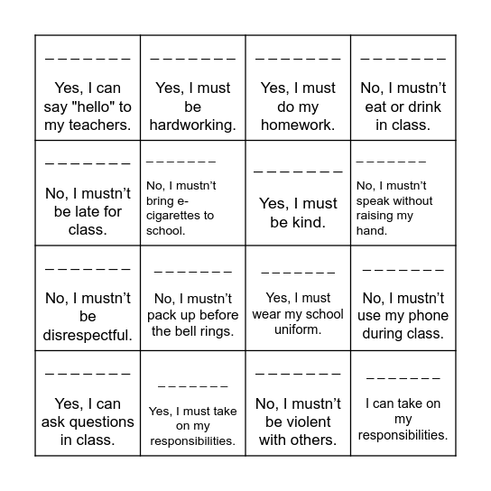 School rules - questions Bingo Card