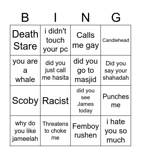 Ganeefa Ragebait Bingo Card