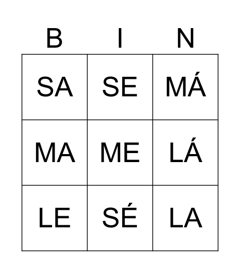 BINGO SLABIKY Bingo Card