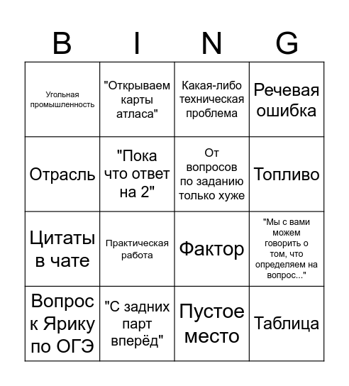 Урок Географии бинго Bingo Card