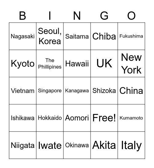 Places Classmates Have Visited Bingo Card
